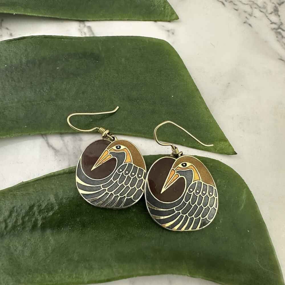Laurel Burch Vintage 90s Dangle Earrings Nile Bird Gold Tone Purple Blue Art